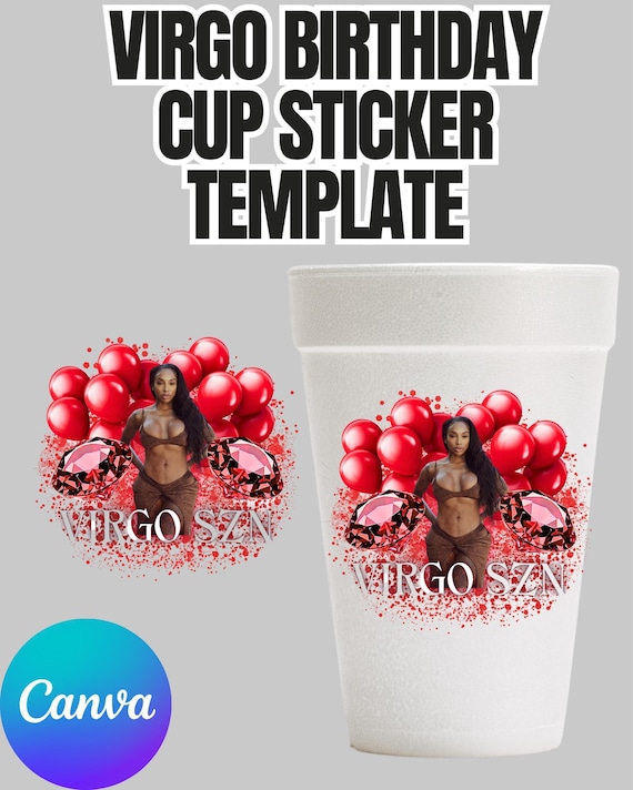 Red Virgo Birthday Cup Sticker Template Custom Editable Canva Label for Party Decor