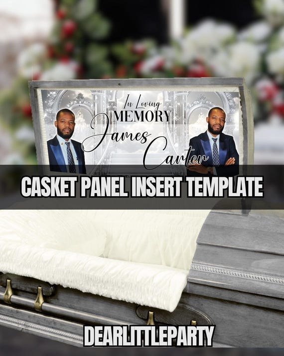 Casket Panel Insert Template, Silver, Editable Canva, 31.5×14.5 in