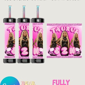 May include: Pink hookah wrap template featuring the text "TAURUS SZN" and an image of a woman. The design includes a glittery background and a large pink gem. The hookah has a black cap and a colourful light.