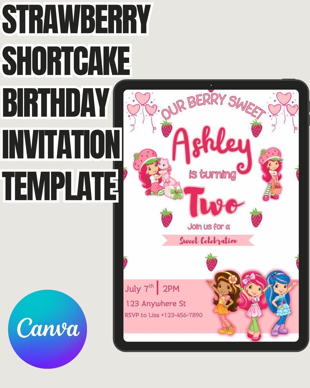 Strawberry Shortcake Birthday Invitation Editable Canva Template - Etsy, image size:1080x1350