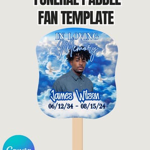 Blue Funeral Paddle Fan Template Canva | Memorial Fan with Photo | In Loving Memory Hand  | Printable Obituary Keepsake
