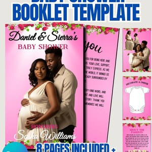 May include: Baby shower booklet template with pink and white design. The cover features a couple, with text that reads "Daniel & Sierra's Baby Shower" and "Honoring Sasha Williams". Includes 8 pages and Canva logo.