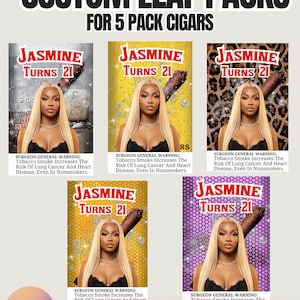 Puede incluir: Paquetes de hojas personalizados para 5 cigarros. La imagen presenta cinco plantillas con el texto "Jasmine Turns 21" y una foto de una mujer. Las plantillas tienen diferentes colores y patrones de fondo. El texto "5 TEMPLATES INCLUDED" también es visible.