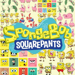 Puede incluir: Un collage que presenta el logotipo de Bob Esponja en texto amarillo y azul, rodeado de numerosas ilustraciones de Bob Esponja, Patricio Estrella, Don Cangrejo, Plankton y Calamardo en varias poses, expresiones y patrones de cuadrícula coloridos.