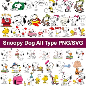 Op de afbeelding: Een verzameling illustraties van Snoopy en Woodstock met diverse houdingen, activiteiten en uitdrukkingen. De afbeelding bevat de tekst Snoopy Dog All Type PNG/SVG en toont de hond in verschillende outfits en uiteenlopende scenario's.