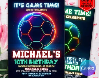 Neon Soccer Invitation, Neon Soccer Invite, Sports Invitation, Football Invite, Sneakerball Birthday Digital Invite, Editable Canva Template