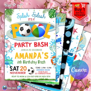Bearbeitbare Fußball-Lache-Party Einladung, Sport-Sommer-Lache-Party, Sport-Lasche-Geburtstagsfeier, Pool-Party-Geburtstag, CANVA
