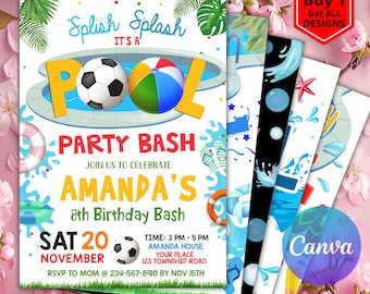 Editable Soccer Pool Party Invitation, Sports Summer Pool Party, Sports Pool Birthday Party, Pool Party Birthday, CANVA
