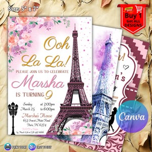 Invitación de cumpleaños boho con la Torre Eiffel de París para adolescentes, estilo francés, "Ohh La La", fiesta parisina boho rosa. Editable e imprimible en París.