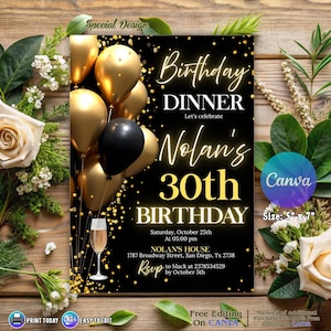 Digital Birthday Dinner Invitation Template, Black Tie Glam Invite, Animated Black Golden Diamond Evite For Men & Women, Gold Balloon