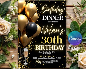 Digital Birthday Dinner Invitation Template, Black Tie Glam Invite, Animated Black Golden Diamond Evite For Men & Women, Gold Balloon