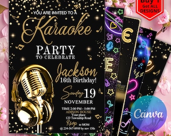 Editable Karaoke Party Birthday Invitation, Glow Karaoke Birthday Party, Neon Singing Music Party Invite Karaoke and Glow Instant Download