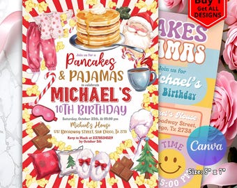 Pancakes and Pajamas Invitation, Pancakes and Pajamas Party, Pancake Pajama Sleepover Invite, Canva Template, Girl Birthday Slumber Party