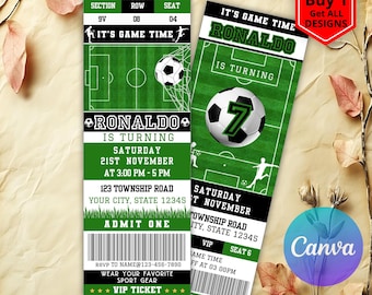 May include: Two soccer-themed tickets with green and white designs. The tickets read "It's Game Time" and "Ronaldo is Turning." One ticket has a soccer ball graphic and the other has a number 7. The tickets are 2.5 x 7 inches.