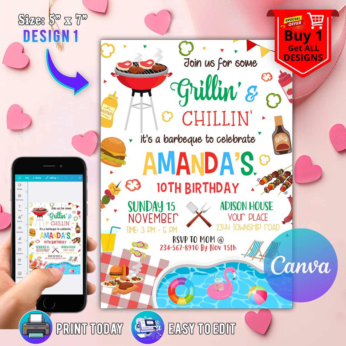 Editable Pool Party and BBQ Invitation, Summer Party Invite, Pool Party ...