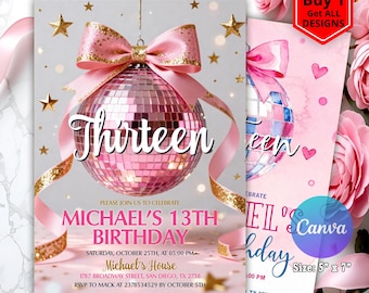 Editable Coquette Bow Disco Party Invitation, Pink Party Invite Disco Ball Invitation, Girl Discoball Invitation Coquette Bow Canva Template