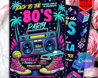 Editable 80s Birthday Party Invitation, Back To The 80s, Throwback Party, Neon Party, Glow Dance, 2000s Birthday, 80s Invitation