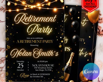 Retirement Party Invitation Template, Retirement Dinner Elegant Gold Balloons, Retirement Party It's a Surprise, Retirement