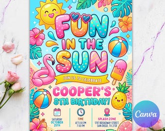 Fun in the Sun Birthday Invitation, Bech Party Invite, Summer Birthday Party, Kids Pool Invitation, Editable Canva Template
