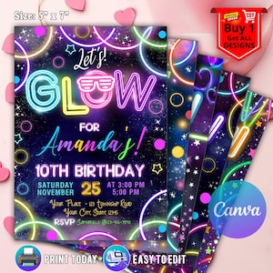 Faire-part d'anniversaire luminescent modifiable, faire-part d'anniversaire fou, néon, faire-part d'anniversaire phosphorescent, modèle modifiable
