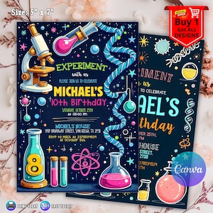 Pode incluir: Convite para festa de aniversário com tema científico com fundo azul escuro. O convite apresenta ilustrações de um microscópio, béqueres e uma cadeia de ADN. O texto diz "Experiment with us" e "Michael's 10th Birthday". O tamanho é 12,7 cm x 17,8 cm.