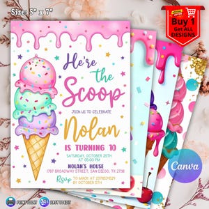 Invitación de cumpleaños de helado para niña, invitación de cumpleaños, invitación de fiesta de helado, aquí está la primicia, menta rosa púrpura, helado Canva