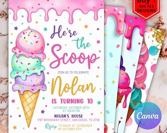Ice Cream Birthday Invitation for Girl Birthday Invite, Ice Cream Party Invitation, Here's the Scoop Pink Purple Mint, Ice Cream Canva