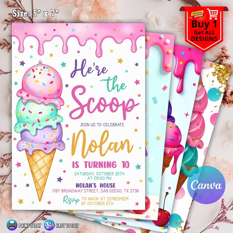 Ice Cream Birthday Invitation for Girl Birthday Invite, Ice Cream Party Invitation, Here's the Scoop Pink Purple Mint, Ice Cream Canva