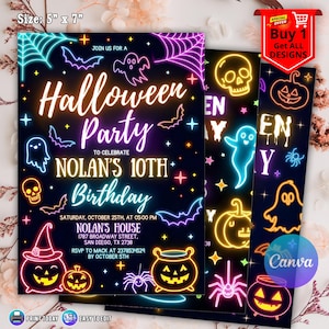 May include: A Halloween party invitation, 5" x 7", with neon-style graphics. The invitation features a black background with neon bats, ghosts, and pumpkins. Text includes "Halloween Party" and details for Nolan's 10th birthday.