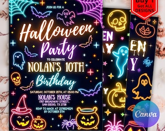 Editable Neon Halloween Birthday Invitation, Halloween Invitation Kids Halloween Birthday Halloween Spooky Party Invite, Neon Glow Halloween