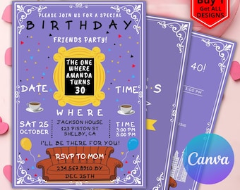 Editable Friends Birthday Invitation The One Where Friends Birthday Invitation Friends Theme Birthday Invite Purple CANVA Template