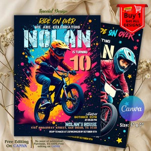 May include: Two birthday party invitations with a BMX theme. The invitations feature a boy riding a bike, the name "Nolan", and the number "10". The text includes "Ride On Over", date, time, and address. The invitations are 5" x 7" and have a colorful, graffiti-style design.