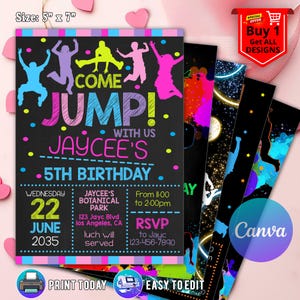 May include: A black invitation card with colorful text and graphics for a 5th birthday party. The card reads "Come Jump! With Us Jaycee's" and includes event details. The size is 5" x 7".