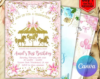 Editable Carousel Birthday Invitation Pink carousel invite first birthday, The Carousel Birthday Invitation, Magical Carousel
