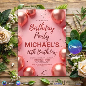 Rose Gold Birthday Invitation,Let's Party Rose Gold Invitation 30th 40th 50th Any Age,Balloons Birthday Invite,Balloon Rose Gold Invitation