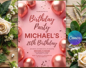 Rose Gold Birthday Invitation,Let's Party Rose Gold Invitation 30th 40th 50th Any Age,Balloons Birthday Invite,Balloon Rose Gold Invitation