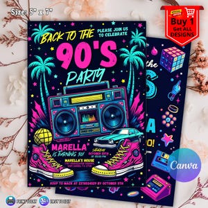 Può includere: Un invito di 12,7 cm x 17,8 cm a tema anni '90. Il design presenta un boombox, palme e scarpe da ginnastica alte. Il testo include "Back to the 90's Party" e i dettagli dell'evento per il 30° compleanno di Marella.