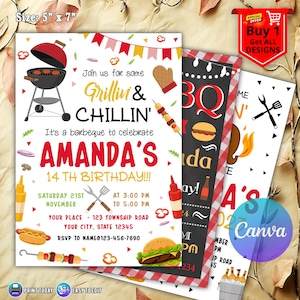 May include: A set of barbecue-themed invitation cards. The main card has a grill illustration, the text "Grillin' & Chillin'", and details for Amanda's 14th birthday. The cards are 12.7cm x 17.8cm in size.