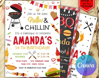 Könnte beinhalten: Mehrere Einladungskarten zum Thema Grillen. Die Hauptkarte zeigt eine Grill-Illustration, den Text "Grillin' & Chillin'" und Details für Amandas 14. Geburtstag. Die Karten sind 12,7 cm x 17,8 cm groß.