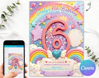 6th Birthday Glitter Girl, Rainbow Sequin Glitter Invite for Girls Party, Girls Pink Birthday Invite, Editable Canva Template