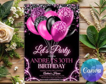 Digital Let's Party Pink Glitter Balloons Birthday Party Invitation, Pink Glitter Invitation Template, Editable Template, Pink Balloon