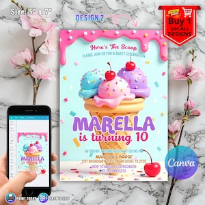 Ice Cream Birthday Invitation for Girl Birthday Invite, Ice Cream Party Invitation, Here's the Scoop Pink Purple Mint, Ice Cream Canva