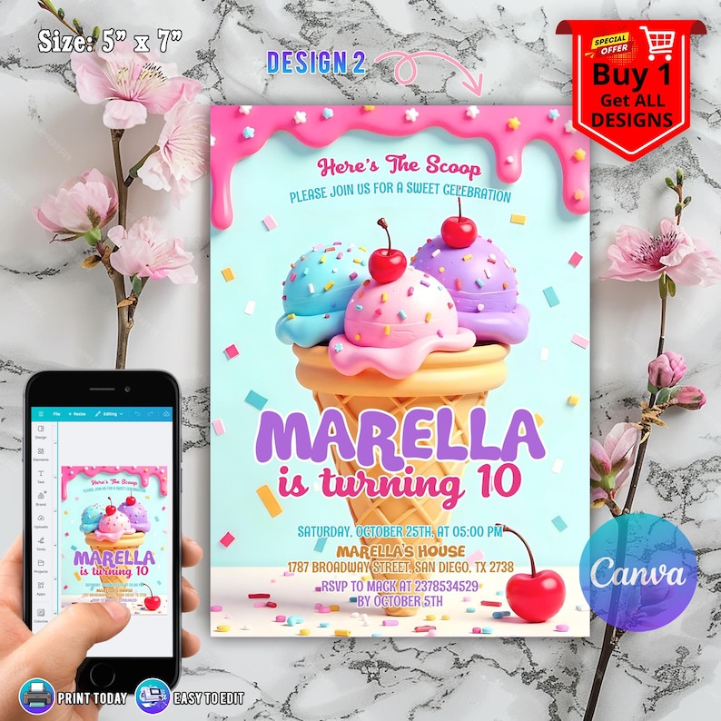 Ice Cream Birthday Invitation for Girl Birthday Invite, Ice Cream Party Invitation, Here's the Scoop Pink Purple Mint, Ice Cream Canva
