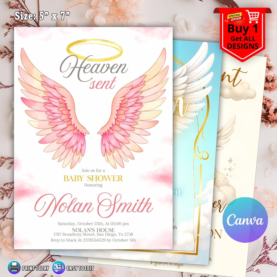 Editable Heaven Sent Invite, Canva Template, Digital Download, Neutral ...