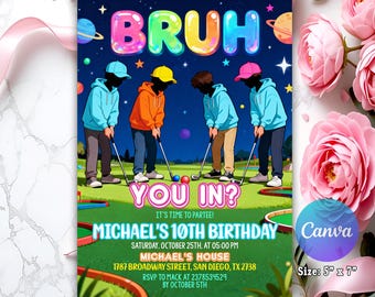 Mini Golf Birthday Invitation, Glow Party, Boy Girl Golf Party Invite, Golf Invitation, Sports Birthday Party, Let's Par Tee, Editable Canva