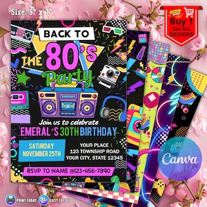 Invitation de fête d'anniversaire modifiable des années 80, retour dans les années 80, disco néon party lueur des années 2000, invitation d'anniversaire des années 80, CANVA