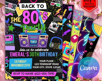 Editable 80s Birthday Party Invitation, Back to the 80s, Neon party glow dance disco 2000s, Birthday 80s Invitation, CANVA