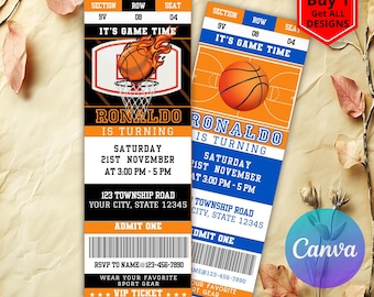 Invitación de cumpleaños con boleto de baloncesto, invitación para fiesta estilo boleto deportivo, invitación digital, editable e imprimible, invitación de baloncesto para cualquier edad