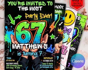 Six Seven Birthday Invitation, 67 Meme Birthday, I was 6 now I'm 7 Party Invite, Six Seven Neon Kids Birthday Invitation, Editable Canva