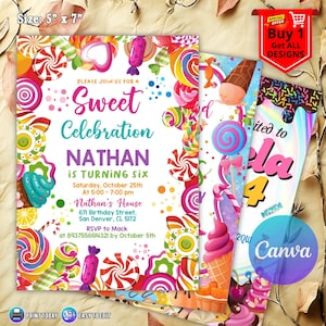 Editable Sweet Celebration Birthday Invitation, Candy Land Invitation, Candyland, Candy Birthday Party Invitation, Printable Canva Template